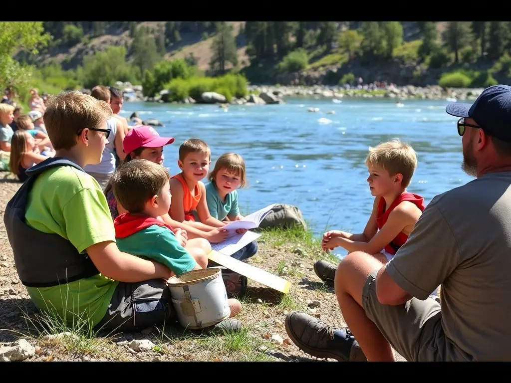 A group of children and adults participating in an educational workshop near a river, showcasing the Community Education & Awareness Programs.
