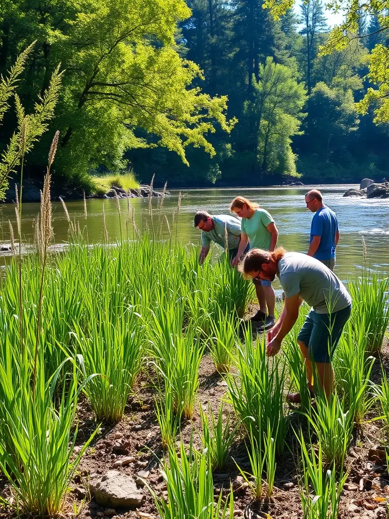 A picturesque scene of volunteers planting native plants along a riverbank, highlighting the organization's habitat restoration efforts.
