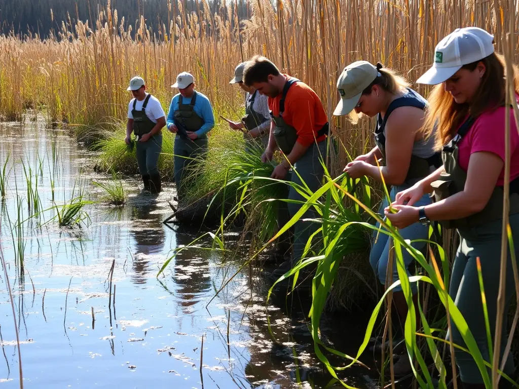 Volunteers planting native aquatic plants along a riverbank with clear water and healthy vegetation, illustrating the Habitat Restoration Projects.
