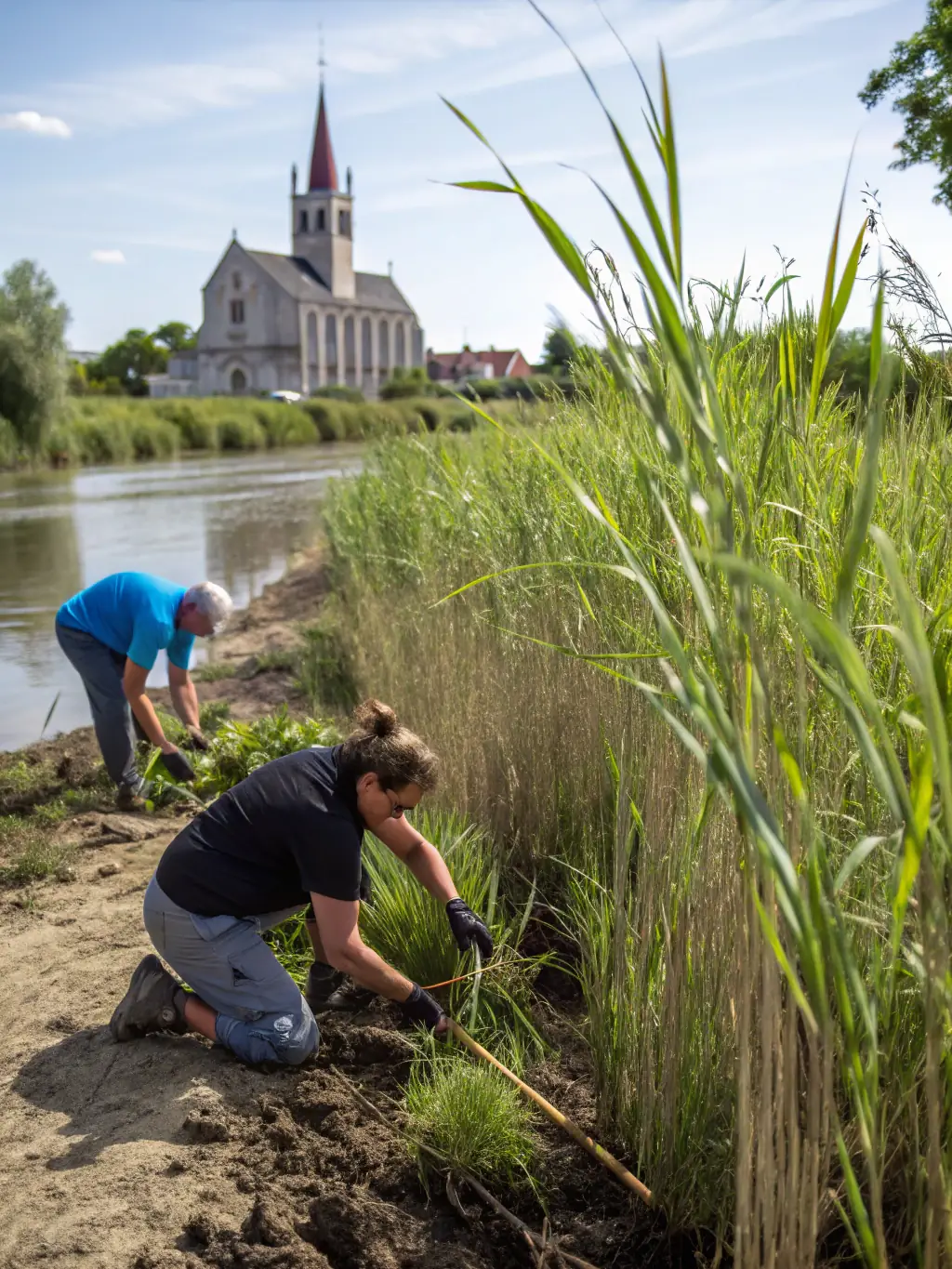 A picturesque scene of volunteers planting native aquatic plants along a riverbank, contributing to habitat restoration and improved water quality.