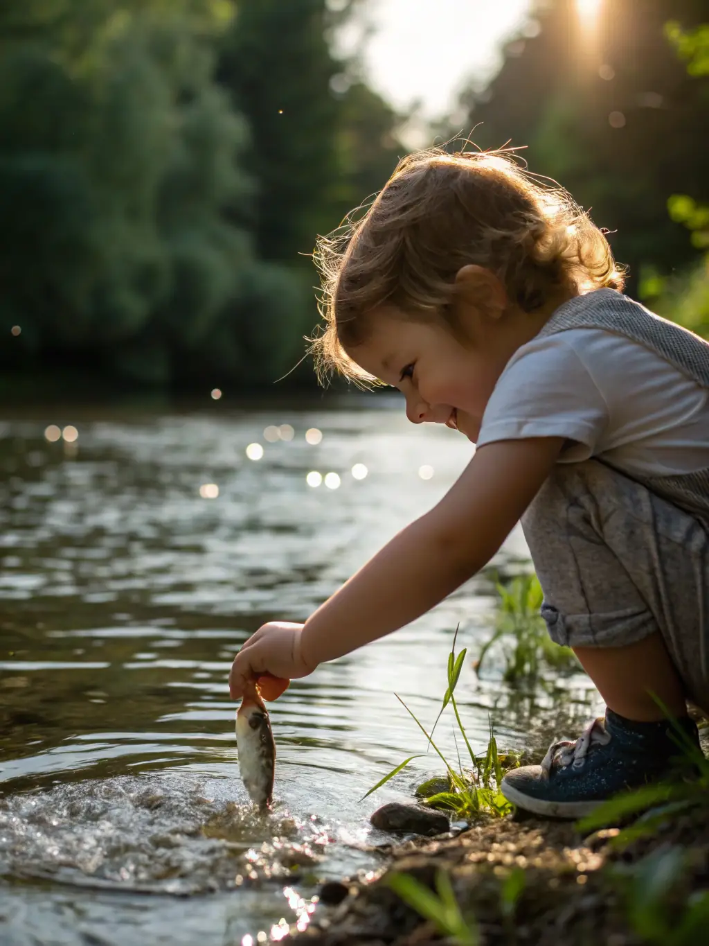 A group of children releasing juvenile fish into a stream, symbolizing the organization's efforts in fish restocking and conservation of aquatic species.