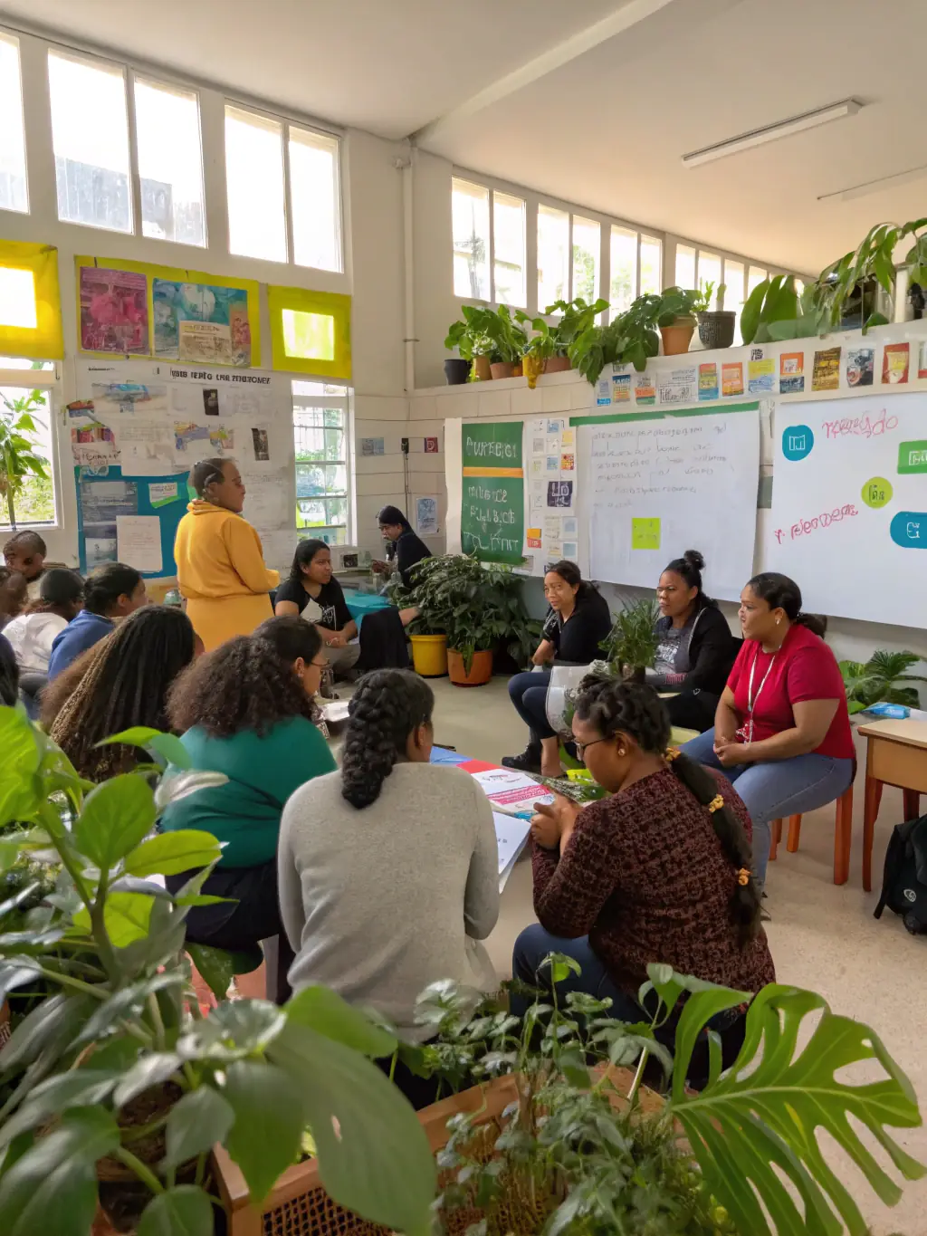 A vibrant photo of a community workshop where participants are learning about sustainable fishing practices and the importance of protecting aquatic ecosystems.