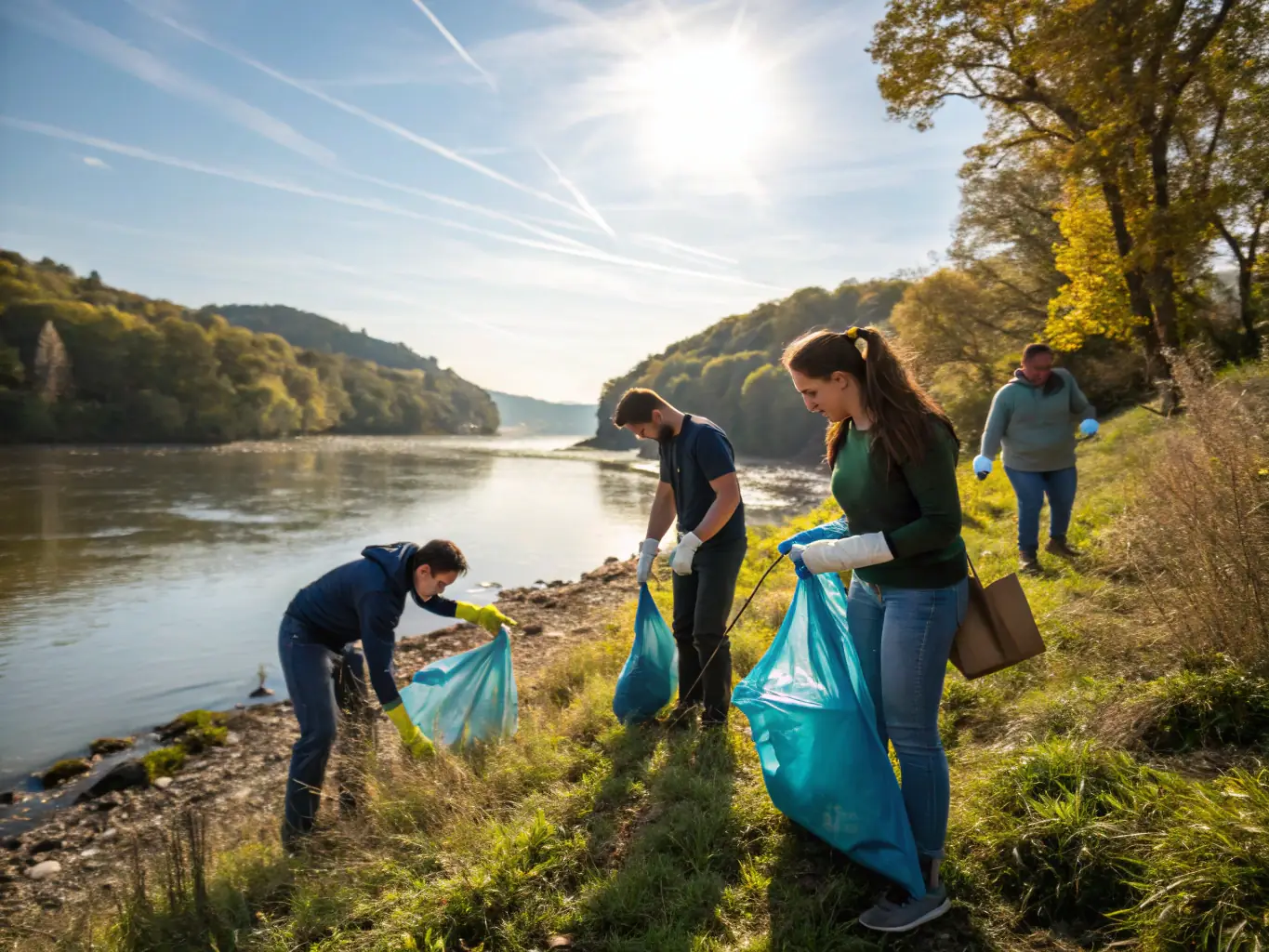A team of volunteers collecting water samples from a river with lush greenery in the background, representing the Aquatic Environment Monitoring program.