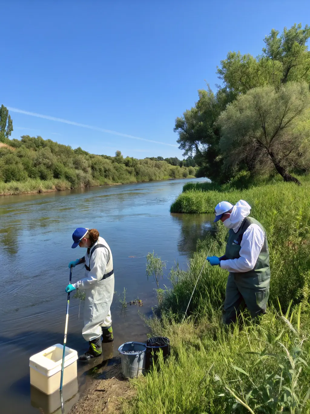 A serene image of volunteers collecting water samples from a clear river, showcasing the organization's commitment to aquatic environment monitoring.