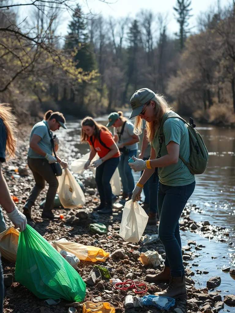 A serene image of volunteers collecting water samples from a local river, showcasing the organization's commitment to aquatic environment monitoring and scientific data collection.
