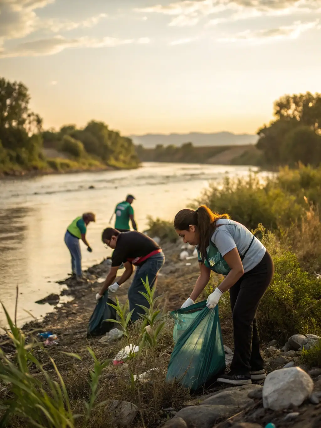 A diverse group of people working together on a river cleanup, symbolizing the collective effort needed for environmental conservation.