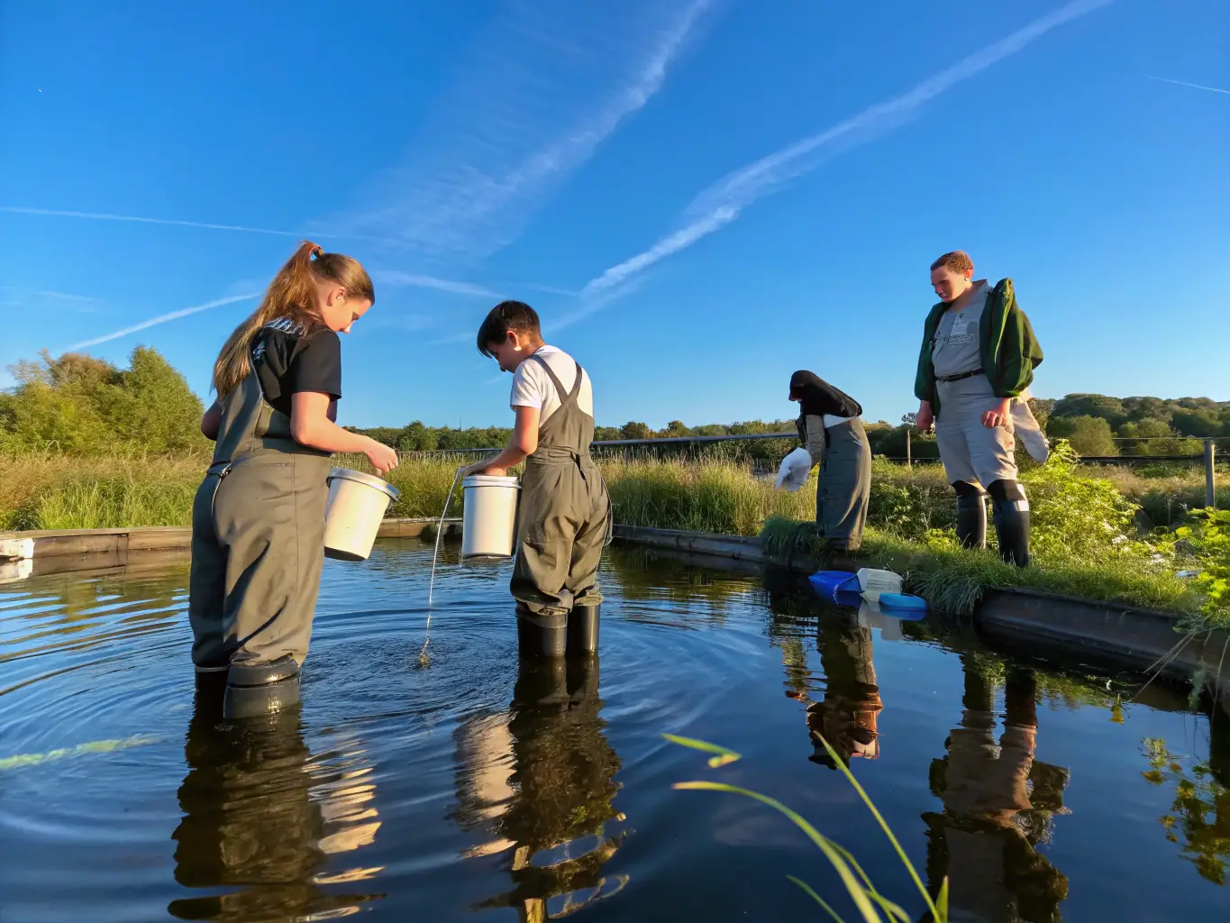 A photograph showing a group of students participating in a water quality testing workshop, highlighting the community education program.
