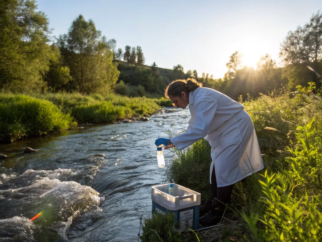 A photograph featuring scientists collecting water samples from a local river, showcasing the aquatic environment monitoring program.